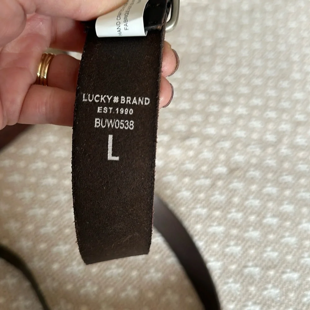 Lucky leather belt 1.5” wide 44” length silver buckle dark brown